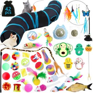 Letnerny-Jouets Chat,42 Pi&egrave;ces Kit Jouet Chats Animaux Domestiques Toys Pour Chat Minou,Jouets Interactif Jeux Chaton Avec Tunnel,Poisson,Souris,Plume,Balle - Neuf