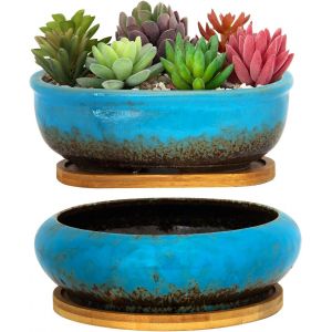 lbgwp60-Pots De Fleurs En Céramique Avec Plateau De Drainage En Bambou, 1 Pot De Fleurs Rectangulaire + 1 Pot De Fleurs Rond Pour Intérieur (Bleu) - Neuf