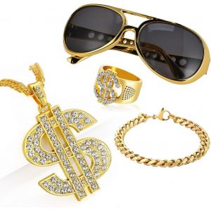 Trahoo-Lot De 4 Chaine Plaqué Or Homme Avec Signe Dollar,Chaine Or Homme Accessoires Des Années 70, 80, 90,Inclure Pendentif,Collier Dollar, Lunettes,Anneau - Neuf