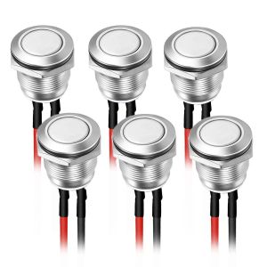 6 pcs 16mm Momentané Bouton-Poussoir Étanche en Acier Inoxydable Bouton-Poussoir,boutons de sonnette 12V 2A 250V,pour voiture,PC,lampe de table¿ Ronds¿ (Tête plane)¿précâblé¿ - Neuf