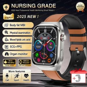 Montre Connect&eacute;e Pour Hommes, Traitement Des Lipides Sanguins, Acide Uricique, Ecg + Ppg, Fr&eacute;quence Cardiaque, Pression Art&eacute;rielle, Sport, Appel Hd, Piste De Sant&eacute;, Nouveau, 2025.Brown Leather.Physic - Neuf