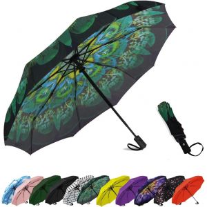 Parapluie De Voyage Compact Coupe-Vent - Parapluie Automatique Pour La Pluie - Petit Parapluie Portable Coupe-Vent Pour Homme, Femme, Adolescent (Pois Blancs) - Neuf