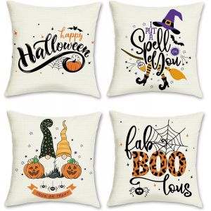 CAUC-Housse de Coussin Halloween 45 x 45 cm Sorci&egrave;re Citrouille GNOME Polyester Lin D&eacute;coratif Taie d'oreiller pour Canap&eacute; Salon Maison Ext&eacute;rieur Halloween D&eacute;coration 4 Pi&egrave;ces - Neuf