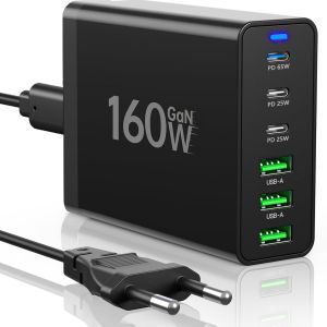 Letnerny-Chargeur Usb C, 160 W Gan 6 Ports, Chargeur Rapide Pd Usb C, Chargeur De Bureau Compatible Avec Iphone/Samsung/Xiaomi/Tablette/Smartwatch/Casque - Neuf