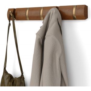 Loc-Patère Flip - Portemanteau Moderne, Simple Et Peu Encombrant Avec 5 Crochets Mobiles Pour Vestes, Manteaux, Écharpes, Sacs À Main Et Plus Encore, Polaire, Noyer Clair/Doré - Neuf