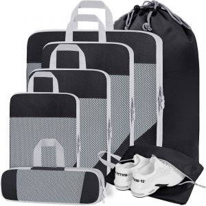 Lot De 7 Cubes De Rangement De Compression Pour Val Avec Maille Extensible Et L&eacute;g&egrave;re Pour Le Rangement De Voyage Ou &Agrave; La Maison, Noir - Neuf