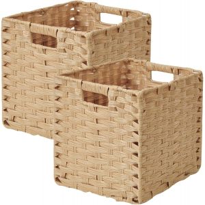 MEVRONISSHOP-Kallax Lot de 2 paniers pliables tress&eacute;s en imitation rotin - 28 x 28 x 28 cm - Pour garde-manger, armoire, panier d'&eacute;tag&egrave;re cubique - Imperm&eacute;ables - Ne moisissent pas - Couleur naturell - Neuf