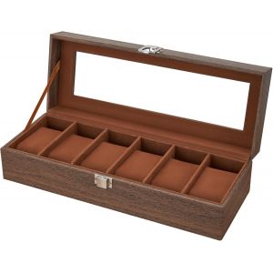 Kal-Boîte À Montres À 6 Emplacements, Coffret À Montres Avec Couvercle En Verre Et Coussins Amovibles En Velours, Boite A Montre Homme, Cadeau Pour Anniversaire Fête Des Pères Noël - Neuf