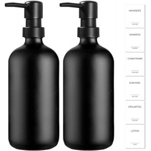 KAL-Lot De 2 Distributeurs De Savon Liquide Vaisselle, Noir, 500 Ml, Pour Cuisine Et Salle De Bain, En Verre, Avec Pompe Et Étiquettes Noir Mat, Distributeur De Savon Moderne, Distributeur De Savon - Neuf