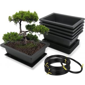 Nouvelhorizonstore-Lot De 6 Pots Rectangulaires Pour Bonsa&iuml; Avec Soucoupe, 16x12x6cm, Pots De Fleurs En Plastique Avec Fil En Aluminium 1.5mm/2.0mm/3.0mm Pour L'entretien - Neuf