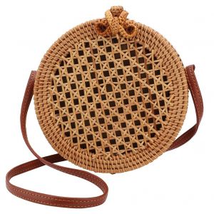 Sac messager rond en rotin tisse a la main pour femme, style vintage, sac a bandouliere simple - Neuf