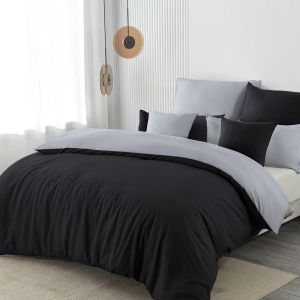 Tzf-Parure De Lit 3 Pi&egrave;ces R&eacute;versible En Microfibre 135 X 200 Cm - Noir/Gris - 135 X 200 Cm - Doux Et Infroissable - 1 Housse De Couette + 1 Taie D'oreiller 80 X 80 Cm + 1 Taie D'oreiller 40 X 80 - Neuf