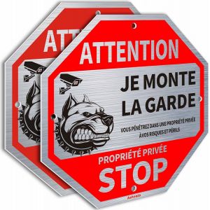 Attention Chien, Panneau Propri&eacute;t&eacute; Priv&eacute;e Aluminium, 2 Stop Propri&eacute;t&eacute;, Panneaux de Vid&eacute;osurveillance Je Monte La Garde Octogonal (Cm 20 x 20) - Neuf