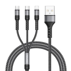 KALANKA-C&acirc;ble Multi USB, 3 en 1 C&acirc;ble Universel [1.2M] Multi USB C&acirc;ble de Chargement en Nylon avec Micro USB Type C Lightning C&acirc;ble pour iPhone, Samsung Galaxy S23, Huawei, Honor, OnePlus- Gris - Neuf