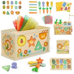 Toy Jeux Montessori 1 an,Jouet Enfant 1-3 Ans,6 en 1 Jouet en Bois Bo&icirc;te &agrave; Mouchoirs,Montessori Sensoriel Jouets pour Bebe 12+Mois,Jouet en Bois Cadeau B&eacute;b&eacute; pour 1 2 3 an - Neuf