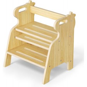 SUBZONAL-Tabouret pour Enfants, Tabouret &agrave; Deux marches r&eacute;glable pour Tout-Petits, escabeau en Bois avec Patins antid&eacute;rapants, Facile &agrave; d&eacute;placer, pour l'&eacute;vier, la Cuisine, la Salle de Bain - Neuf