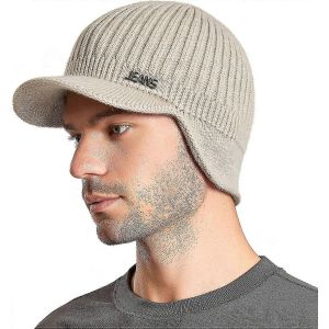 Mens Winter Beanie Visor Hat Warm Knitted Brim Hat Thick Knit Earflap Casquette De Baseball Pour Le Sport De Plein Air - Neuf