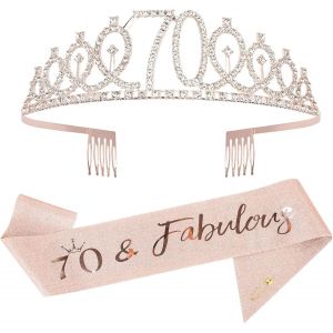 Kal-70 Ans Couronne Echarpe Diademe Femme, Bandeau En Strass Pour Les Cadeaux De 70 Ans, Diademe Femme, Couronne Anniversaire, Echarpe Anniversaire - Neuf