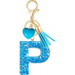 KAL-Porte-Cl&eacute;s Bleu Avec Lettre Porte-Cl&eacute;s Fille Initiale Cadeau Femmes Porte-Cl&eacute;s Coeur D&eacute;corer Pour Sac Sac &Agrave; Dos Porte-Clef Gland Or Porte-Clef Femme A-Z - Neuf