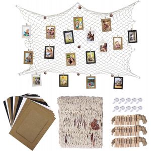 Cadre Photo en Papier Bricolage Cadres Tenture Album avec des Clips en Bois et de Jute Ficelle Filet de Peche pour Murale Décoration 30 Pièces 3 Couleurs - Neuf