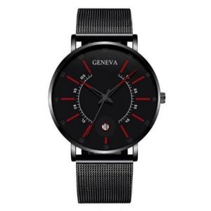 Montres &Agrave; Quartz Pour Hommes Sports Affaires 8mm &Eacute;paisseur Cadran Fermoir En Acier Inoxydable &Eacute;tanche Montre De Luxe Cadeaux Ceinture En Maille Noir Rouge - Neuf