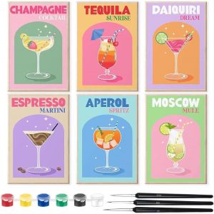KALANKA-Lot de 6 verres à vin avec numéros - Thème cocktail rétro - Avec 6 peintures acryliques de 3 ml et 3 stylos de peinture à l'huile noirs - Un cadeau créatif pour vos amis (21 x 30 cm) - Neuf