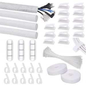 Kit de gestion des câbles, 4 gaines de câbles, 3 serre-câbles de bureau, 10 + 2 clips de rangement pour rallonges, 15 clips adhésifs pour câbles, serre-câbles - Neuf