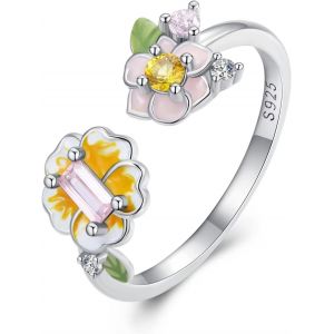 Kahfl-Bague Ouverte Fleur Brillante En Argent Sterling 925 Rose Jaune Fleurs Épanouies Feuilles Vertes Bague Réglable Pour Femmes Filles - Neuf