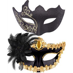 2 Pi&egrave;ces Masque V&eacute;nitien Couple Masque De Mascarade Bal Masqu&eacute; V&eacute;nitien Masque Pour Les Yeux Pour Femme Homme Halloween Mascarade Carnaval,Noir & Or - Neuf
