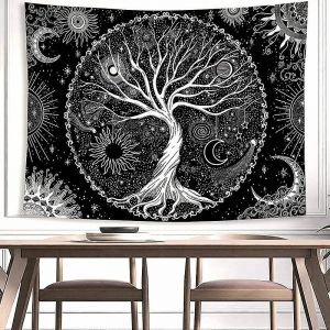 Tapisserie Murale Arbre De Vie, Lune Et Soleil Noir, Tapisserie Psych&eacute;d&eacute;lique, Mandala &Eacute;toil&eacute;, D&eacute;coration Murale Hippie Pour Chambre, Dortoir, F&ecirc;te - Neuf