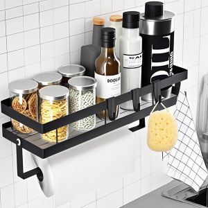 Cauc-Etagere Cuisine Murale, Rangement Epices Cuisine Avec 4 Crochets Et Porte-Rouleau De Cuisine, 35cm &Eacute;tag&egrave;re Murale Sans Percer Pour &Eacute;pices, Canettes, Pots, Ustensiles De Cuisine - Neuf