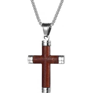 Kal-Collier Pendentif Homme Croix: Collier Homme Acier Inoxydable Gar&ccedil;on Croix Chr&eacute;tienne Bois Simple Classique- Cadeau Anniversaire F&ecirc;te Des P&egrave;res - Neuf