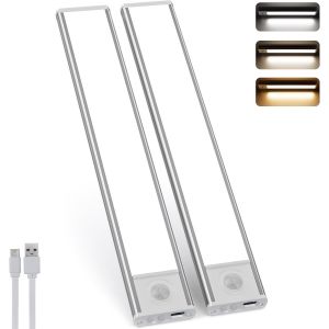 LED Lampe de Placard avec Détecteur de Mouvement 20CM 2500mAh Rechargeable USB-C,3 couleur 3 modesDimmable,Éclairage étude de Cuisine Veilleuse Escalier Montage Magnétique (2) - Neuf
