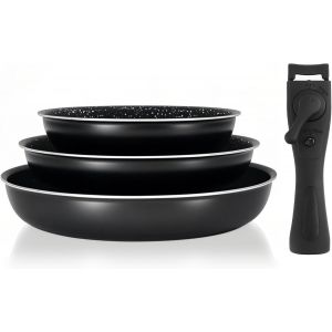 Checarzhn--No1-Set De 3 Poêles 20/24/28 Cm Batterie De Cuisine Antiadhesive - Poêle Grill Viande Avec Poignée Détachable Tout Feux Dont Induction - Neuf