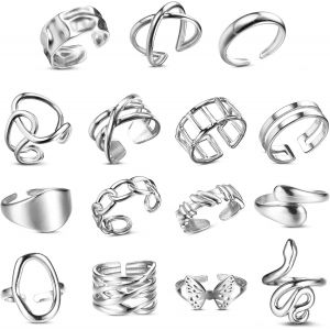 16 Pi&egrave;ces Bague Argent Femme Acier Inoxydable Ouvert R&eacute;glable Vague Bague C&acirc;lin Main Doigt Anneaux Pouce Empilables Noeud Plume Knuckle Bague Orteil Lot Bague Pour Femmes Filles - Neuf