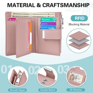 CAUC-Portefeuille Femme en Cuir Petit Porte Monnaie Blocage RFID Antivol Portefeuilles Court Poche &agrave; Monnaie avec Fermeture Eclair, 12 Emplacements pour Cartes (Rose) - Neuf