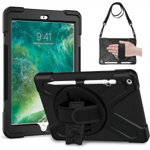 TIANYI-Coque pour iPad 9.7 6&egrave; G&eacute;n&eacute;ration 2018 / 5&egrave; G&eacute;n&eacute;ration 2017, Antichoc Armure Robuste &Eacute;tui avec Support Rotatif, Dragonne et Bandouli&egrave;re, Robuste Housse pour iPad A1893 A1954 A1822 A1823, Noir - Neuf