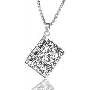 Kal-Collier Livre De La Bible - Pendentif Sacr&eacute; - Vintage - Rock Punk Hip Hop - Rappeur - Biker - Collier Religieux Cool Pour Homme - Argent - Neuf