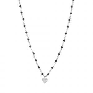 Collier Argent Rhodi&eacute; Coeur Diamant&eacute; Et Pierres Spinelle Noire - Neuf