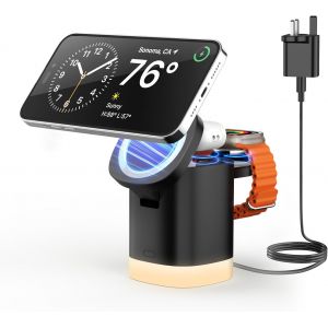 JGD-Support de chargeur 3 en 1 pour MagSafe, station de charge sans fil pliable avec veilleuses, station de charge magnétique pour iPhone 17/16/15/14/13/12 Pro/Max, Air Pods 4-2/Pro, iWatch 2-11 - Neuf