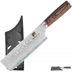 Couteau De Cuisine &Agrave; Lame Martel&eacute;e Avec Garde, Couteaux De Chef Anti-Adh&eacute;sifs, Couteau Japonais &Agrave; Manche En Bois Pakka, Couteaux De Cuisine En Acier Inoxydable Avec &Eacute;tui (205mm) - Neuf