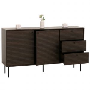 Commode HWC-N78, Sideboard, 3 tiroirs 2 portes, style scandinave m&eacute;tal bois m&eacute;lamine MVG 85x150x40cmbrun fonc&eacute; - Neuf