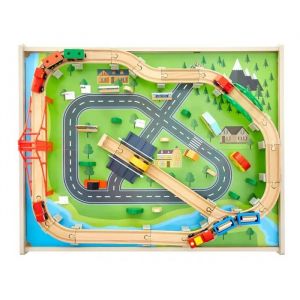 Table Circuit Train Bois-Duoku-100 PCS-avec Rail de Train-Tiroir Rangement Roulant-Table Activit&eacute;s 3 en 1 Double Face-pour Jouer - Neuf