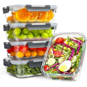 Jexnovashop-Lot De 5 R&eacute;cipients En Verre Avec Couvercles, 1040 Ml, &Eacute;pais Et Durables, Empilables, Herm&eacute;tiques, Sans Bpa, Pour Micro-Ondes, Four, Cong&eacute;lateur Et Lave-Vaisselle - Neuf