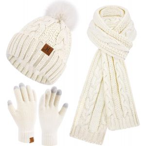 Jexnovashop-Femme Hiver Bonnet Chapeau Foulard &Eacute;cran Tactile Gants Ensemble Chenille Pompon Tricot Polaire Doubl&eacute; Casquette &Eacute;charpe Gant Cadeaux Pour Femmes - Neuf