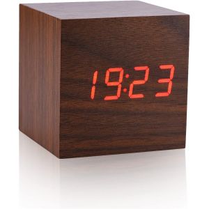 Eryi-Réveil En Bois, Horloge Digitale Led Mini Avec Affichage De L'heure De La Température Commande Vocale 12/24 Heures, Petite Horloge Pour Chambre À Coucher, Salon, Bureau(Bois Brun + Lumière Rouge - Neuf