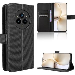 Housse Portefeuille Realme 14 Pro Plus 5g - Coque Fibre & Tpu Avec Rabat, Support Pied, 3 Emplacements Cartes + Poche Billet, Fermeture Magnétique - Noir - Neuf