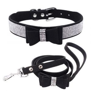 Ensemble Collier Et Laisse Pour Animal De Compagnie En Su&egrave;de Souple Brillant Avec Strass Cristal R&eacute;glable 26-32 Cm Taille S Noir 20x10x5 Cm 0.084 Kg - Neuf