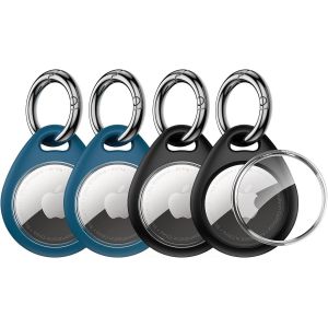 MEVRONISSHOP-Coque AirTag Lot de 4, Protection Compl&egrave;te &agrave; 360&deg; avec Fermeture de S&eacute;curit&eacute;, &Eacute;tui TPU R&eacute;sistant aux Rayures, Porte-Cl&eacute;s en M&eacute;tal Durable pour Cl&eacute;s, Sacs, Bagages et Animaux, Noir & Bleu - Neuf