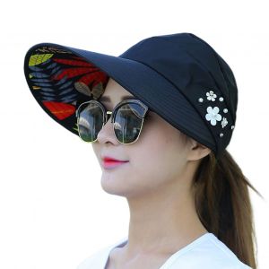 Chapeau De Soleil Pour Femme À Long Bord, Bloc De Protection Du Visage, Lumière Du Soleil, Anti-Uv, Trou De Queue De Cheval, Pliable, Réglable, Décoration Florale De Plage, Voyage En Plein Air, Jogging, Jardinage, Pêche-Noir - Neuf